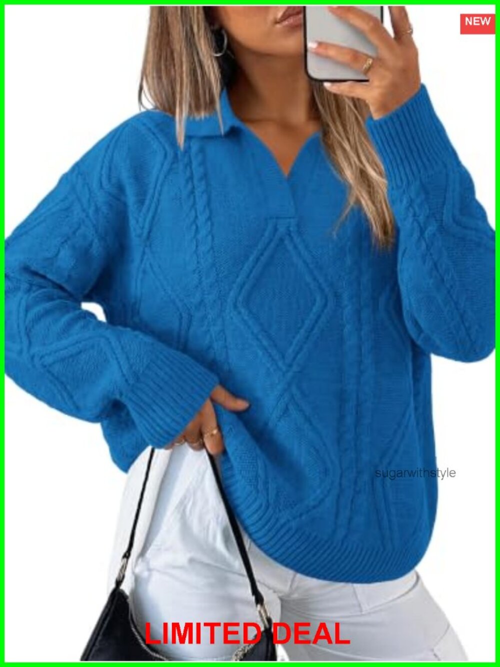 Cable Knit Sweater Women's Pullover Long Sleeve Quarter-Zip V-Neck Relaxed Fit